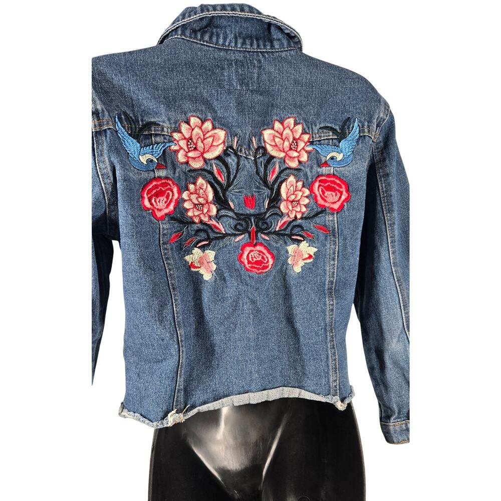 Hayden Girls Embroidered Jean Jacket Large Denim Foral Blue Birds Artsy Casual